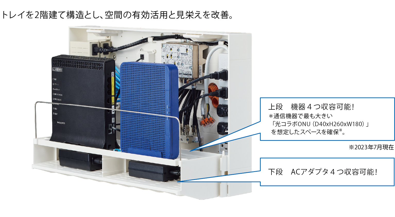 トレイを2階建て構造とし、空間の有効活用と見栄えを改善。